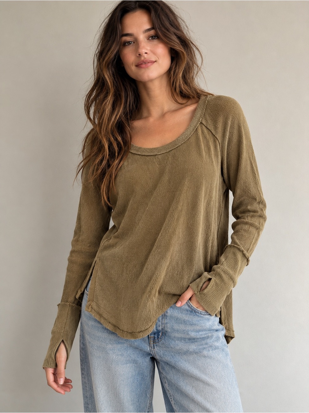 Free People We The Free Olive Waffle Knit Long Sleeve Top | Size M